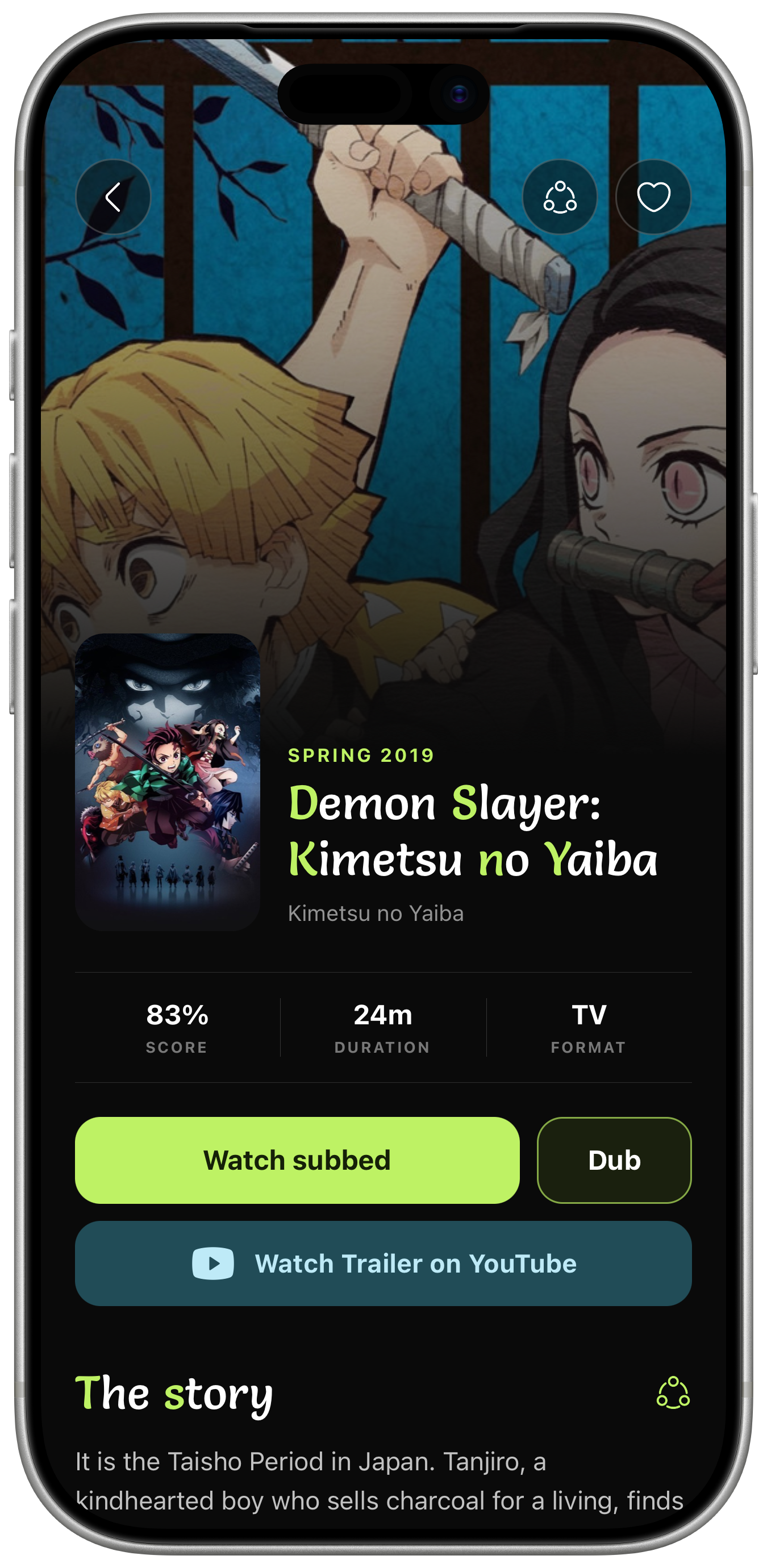 Daichi details screen for Demon Slayer with score, duration and watch buttons