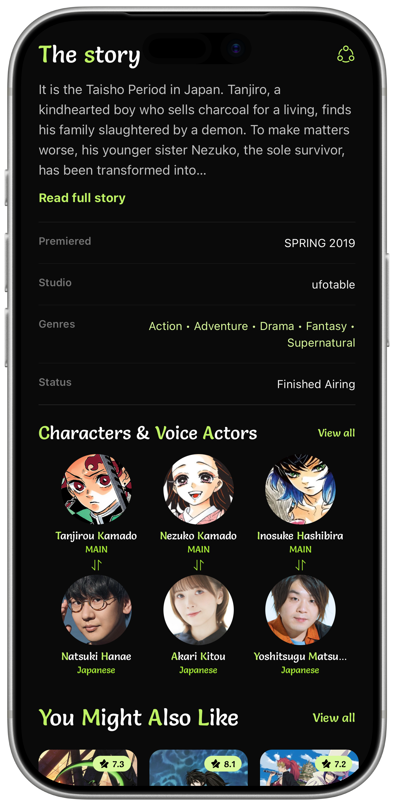 Daichi details screen showing the story, facts table and voice actor pairs