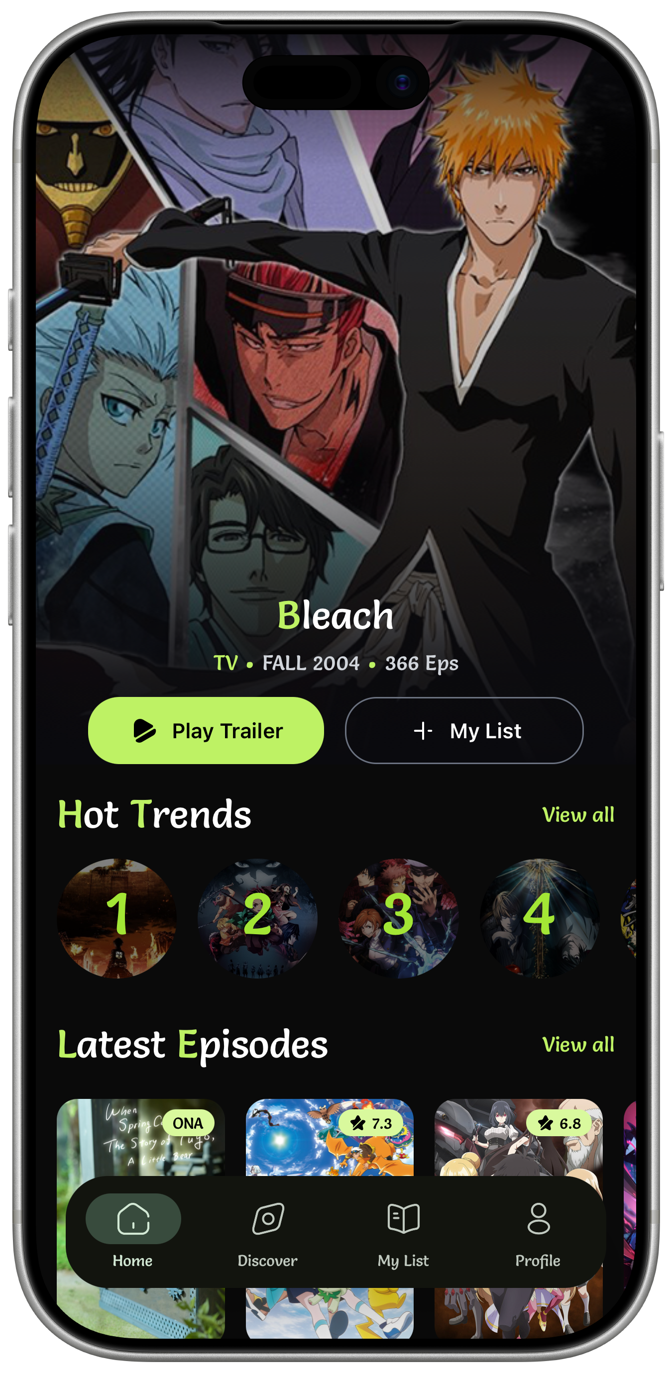 Daichi home screen featuring Bleach with hot trends and latest episodes