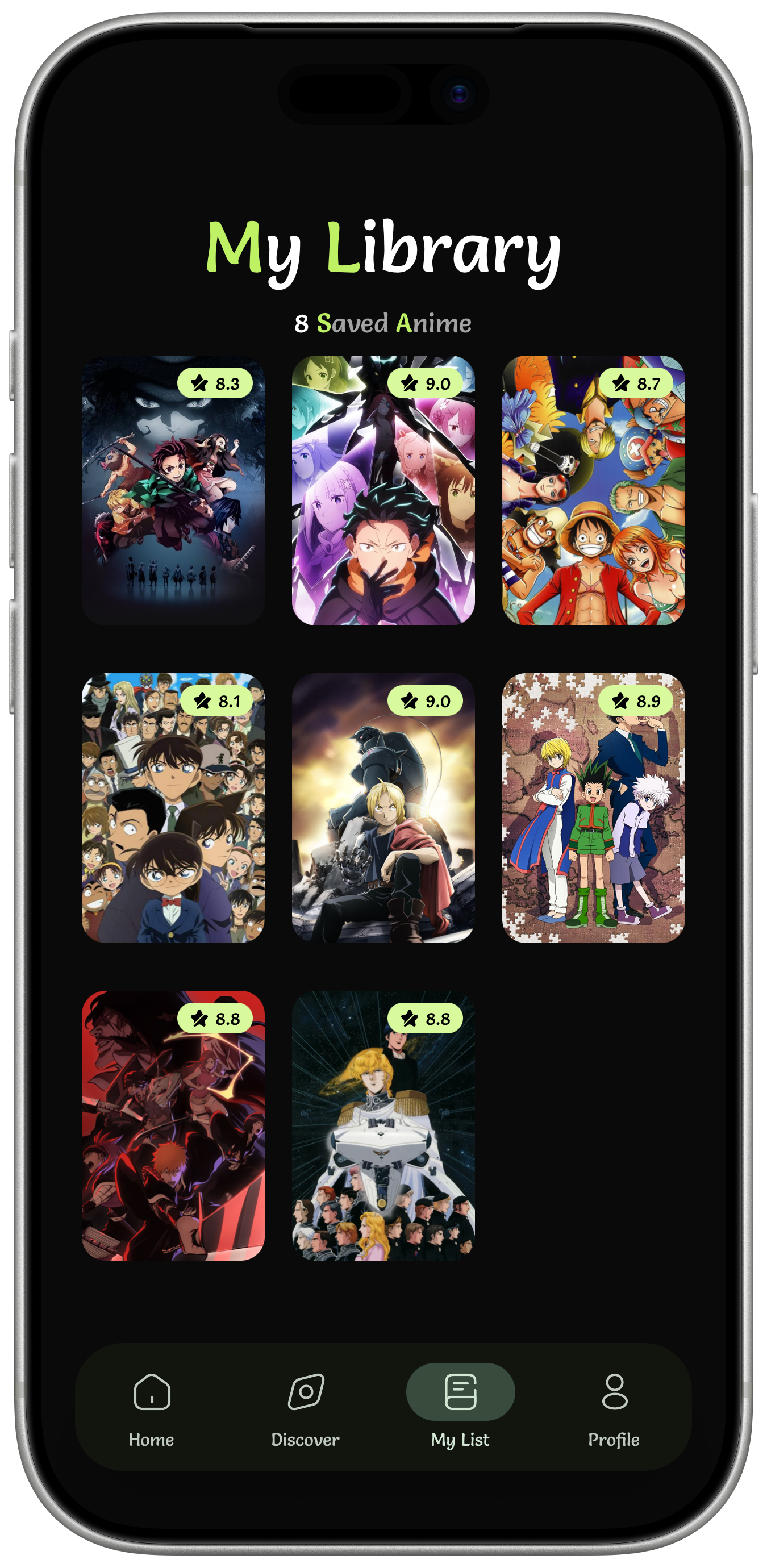 Daichi My Library screen showing saved anime posters with scores