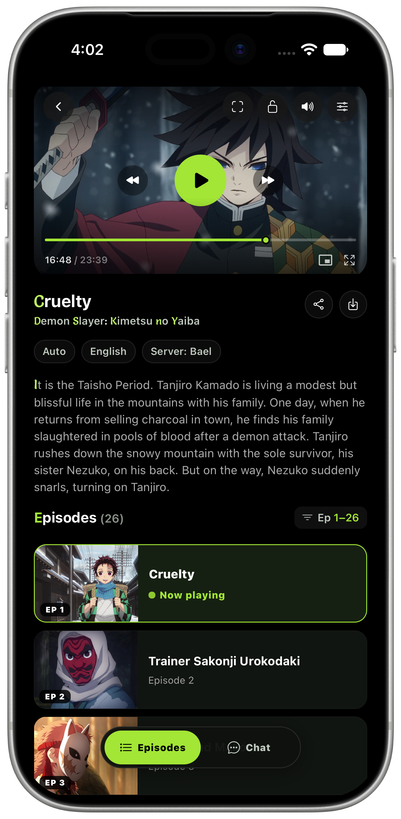 Daichi player with playback controls, progress bar and the episode list below