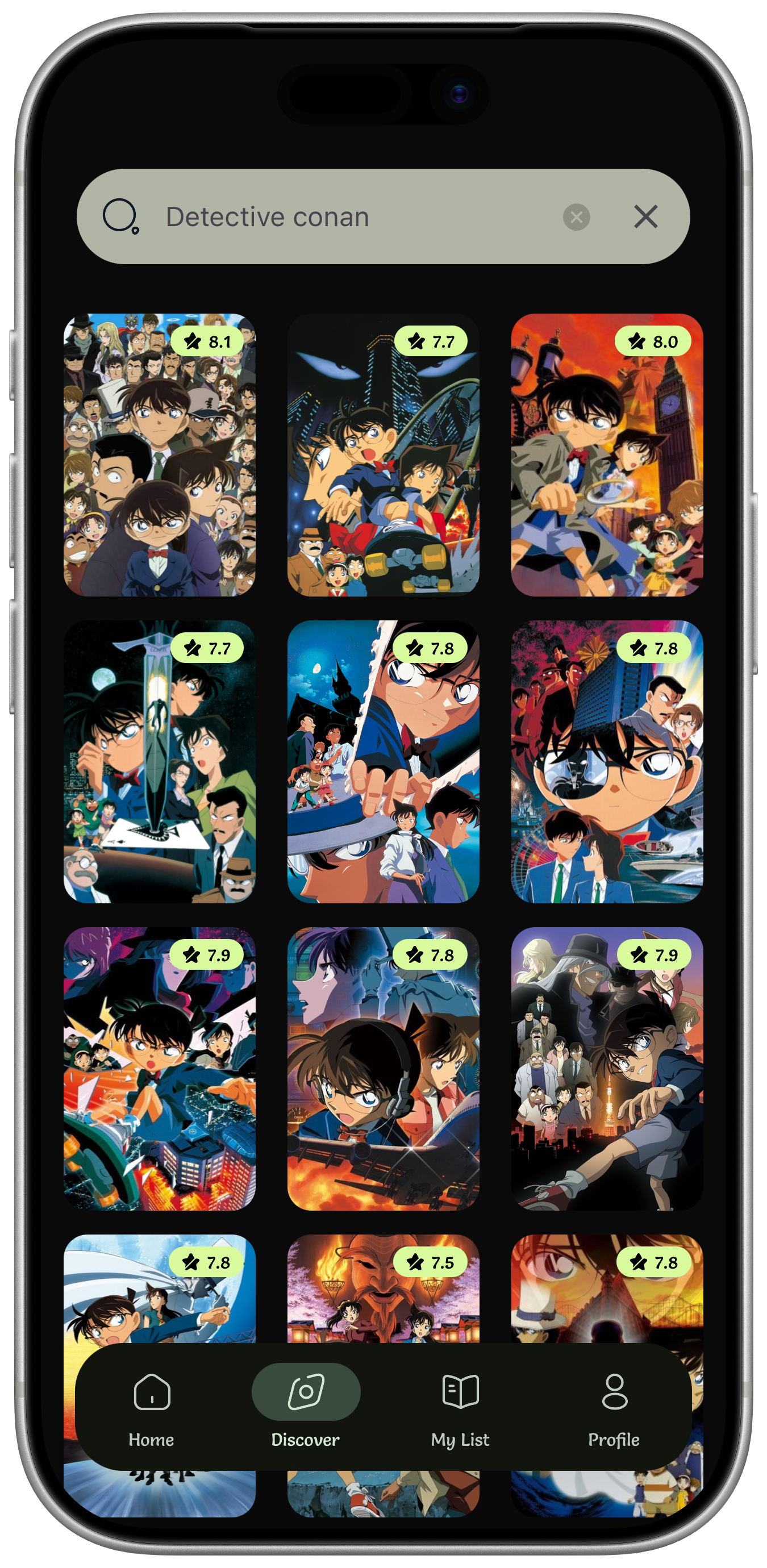 Daichi search results for Detective Conan as a poster grid with scores